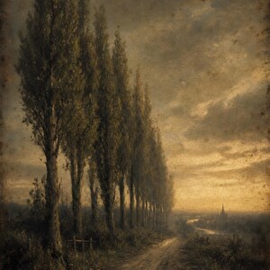 Moody Country Lane Pappelbäume Wandkunstdruck | Vintage Ölgemälde Druck | Golden Horizon Tonalistisches Dekor | Antikes Wegposter Bild 2
