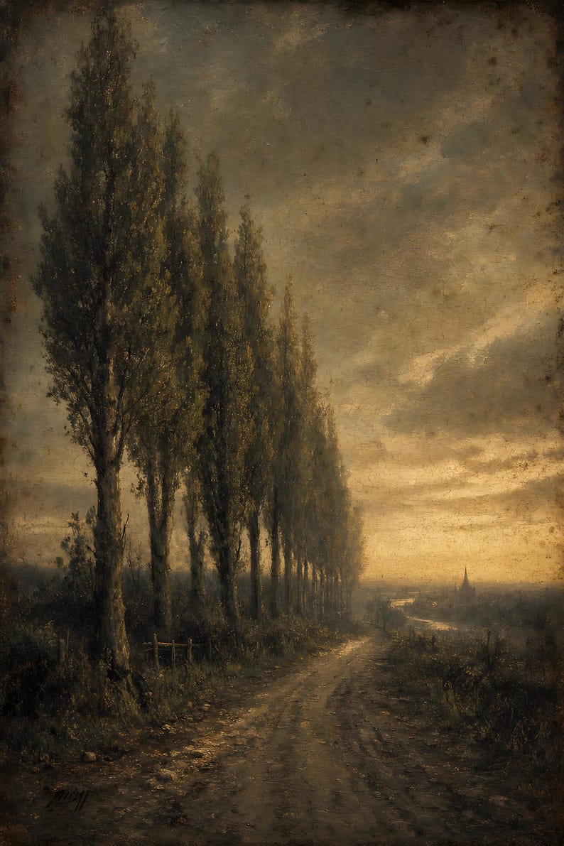 Moody Country Lane Pappelbäume Wandkunstdruck | Vintage Ölgemälde Druck | Golden Horizon Tonalistisches Dekor | Antikes Wegposter Bild 2