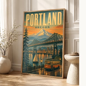 Portland Travel Poster | Vintage Mt Hood Bridge Print | Oregon Wall Art Print | Mid Century City Decor image 1