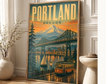 Portland Travel Poster | Vintage Mt Hood Bridge Print | Oregon Wall Art Print | Mid Century City Decor