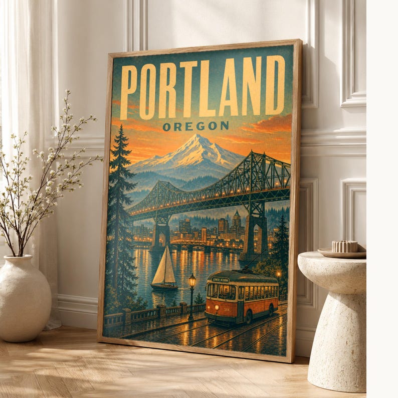 Portland Travel Poster | Vintage Mt Hood Bridge Print | Oregon Wall Art Print | Mid Century City Decor image 1