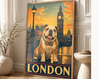 Your Dog in London | Custom Pet Portrait From Photo | Personalized Dog Cat Travel Poster Gift | Vintage Wall Art