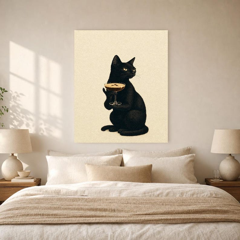 Black Cat Martini Wall Art Print | Espresso Martini Poster | Bar Cart Print | Quirky Black Cat Club Kitchen Decor image 6