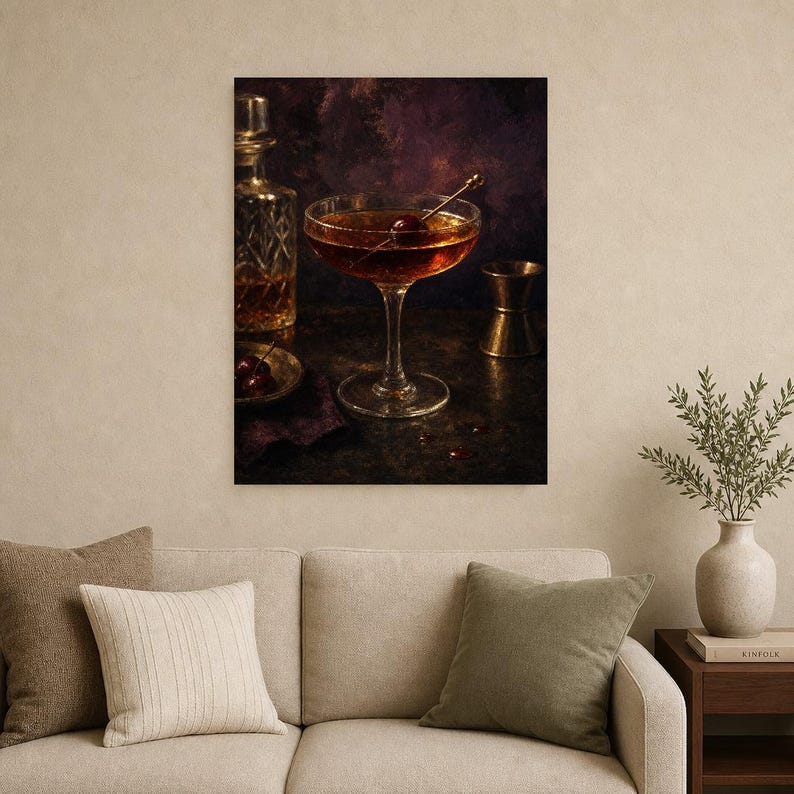 Manhattan-Cocktail-Druck | Moody Barwagen Wandkunst | Whiskey-Coupé und Kirschstillleben Bild 9