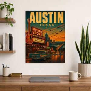 Austin-Reiseposter | Vintage-Druck der Hauptstadt der Livemusik | Texas-Wandbild | Stadtdeko aus der Mitte des 20. Jahrhunderts Bild 7