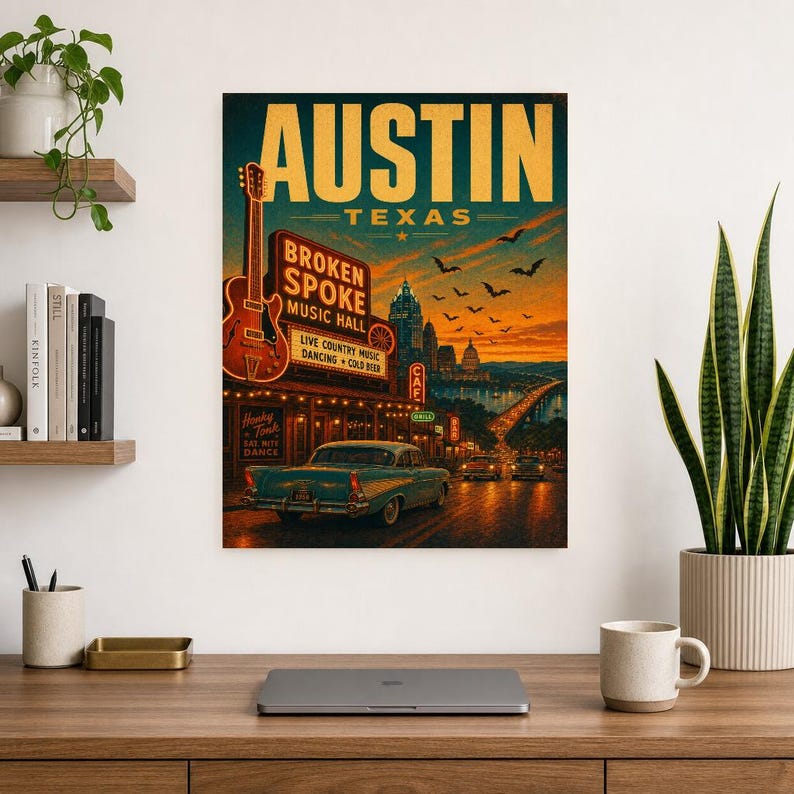 Austin-Reiseposter | Vintage-Druck der Hauptstadt der Livemusik | Texas-Wandbild | Stadtdeko aus der Mitte des 20. Jahrhunderts Bild 7