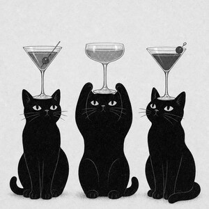 Black Cat Cocktail Wall Art Print | Martini Trio Poster | Bar Cart Print | Quirky Black Cat Club Lounge Decor image 10