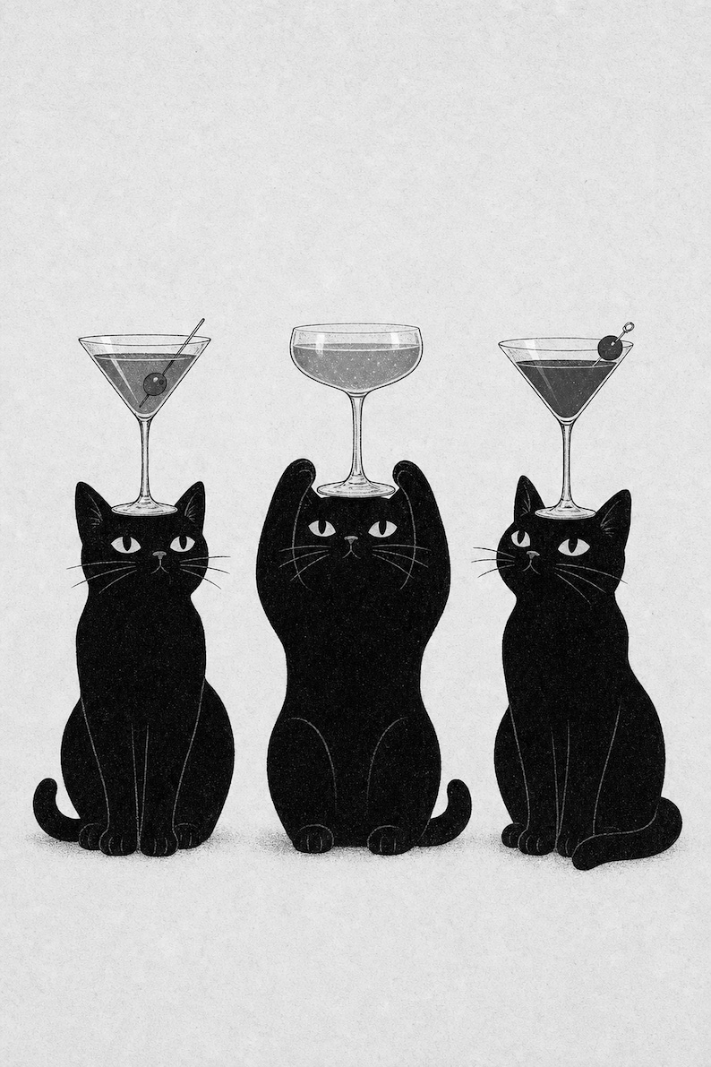 Black Cat Cocktail Wall Art Print | Martini Trio Poster | Bar Cart Print | Quirky Black Cat Club Lounge Decor image 10