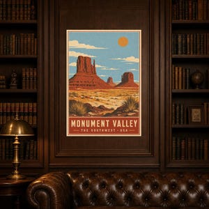 Monument Valley Reiseposter | Vintage Wüstenwandkunst | Südwesten der USA Druck | Dekor im Nationalpark-Stil | Rote Felskunst Bild 5