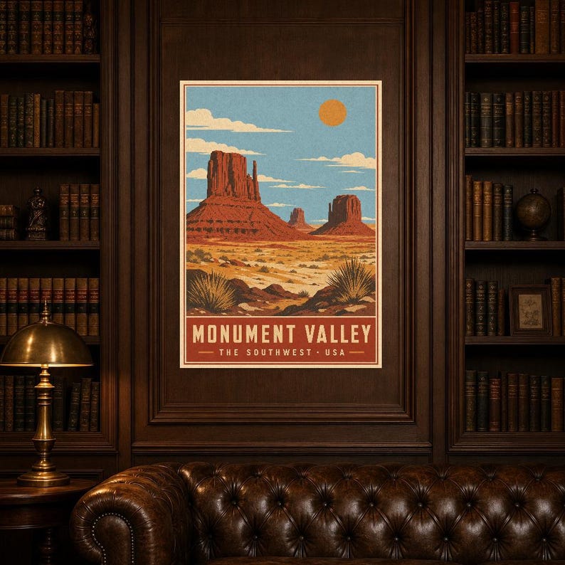 Monument Valley Reiseposter | Vintage Wüstenwandkunst | Südwesten der USA Druck | Dekor im Nationalpark-Stil | Rote Felskunst Bild 5