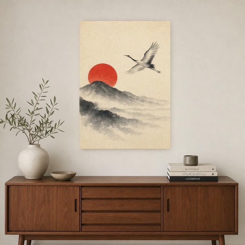 Red Sun Mountain Japandi Wall Art Print | Sumi-e Crane Print | Wabi Sabi Zen Office Poster image 2
