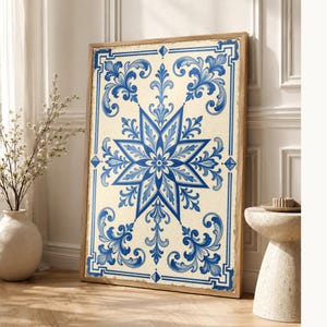 Azulejo Tile Wall Art | Classic Blue & White Maiolica Poster | Portuguese Ceramic Print | Mediterranean Kitchen Decor | No Text Boho Art image 1