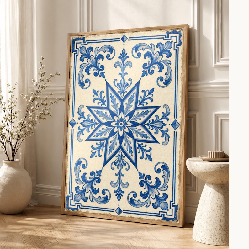 Azulejo Tile Wall Art | Classic Blue & White Maiolica Poster | Portuguese Ceramic Print | Mediterranean Kitchen Decor | No Text Boho Art image 1
