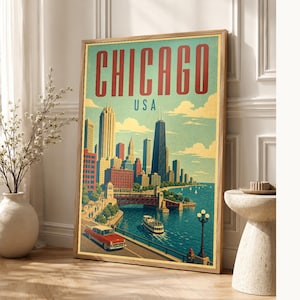 Chicago Travel Poster | Vintage Skyline Print | USA Wall Art | Printed & Shipped image 1