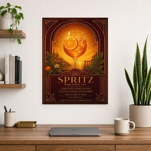 Pomarańczowy Art Deco Aperol Spritz Przepis na ścianę | Plakat z przepisem na złoty koktajl | Druk dekoracyjny wózka barowego | Aperitivo Ar zdjęcie 8