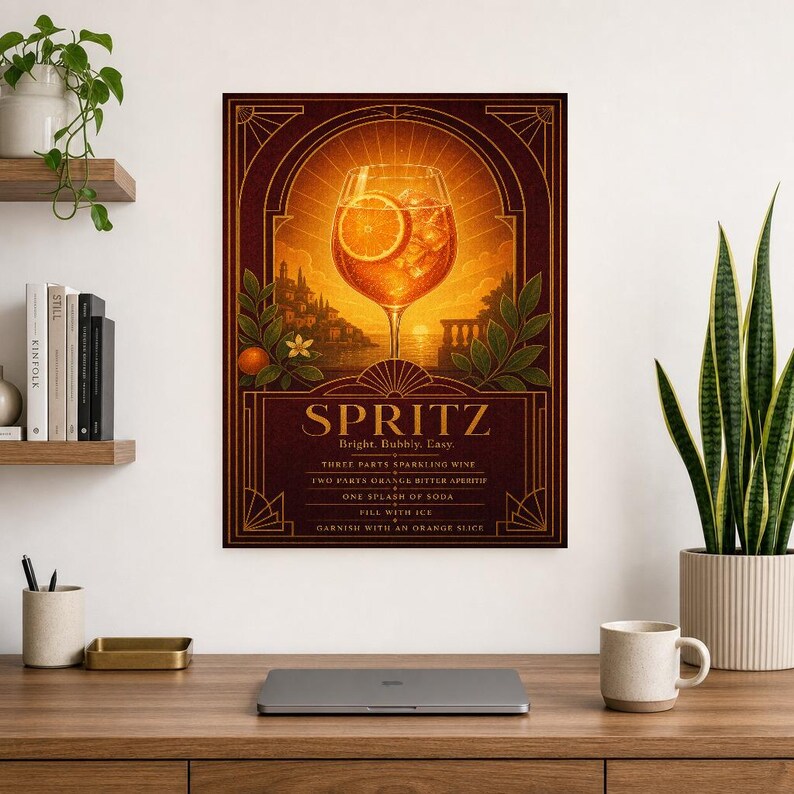 Pomarańczowy Art Deco Aperol Spritz Przepis na ścianę | Plakat z przepisem na złoty koktajl | Druk dekoracyjny wózka barowego | Aperitivo Ar zdjęcie 8