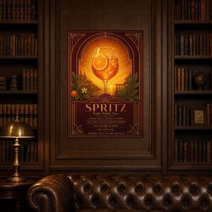 Pomarańczowy Art Deco Aperol Spritz Przepis na ścianę | Plakat z przepisem na złoty koktajl | Druk dekoracyjny wózka barowego | Aperitivo Ar zdjęcie 5