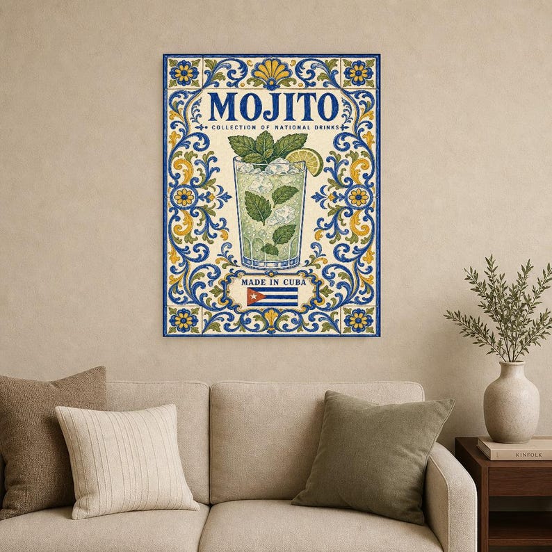 Płytka ścienna z koktajlem Mojito | Kubański plakat narodowy z napojami | Druk koszyka barowego Azulejo | Wystrój kuchni majolikowej zdjęcie 9
