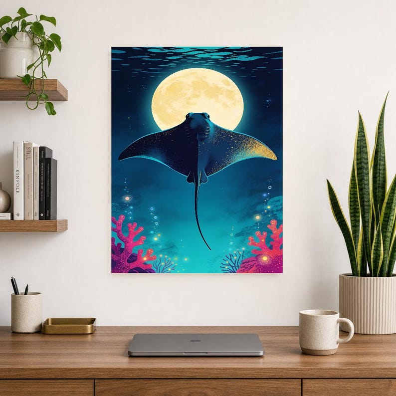 Bioluminescent Manta Ray Poster | Deep Sea Ocean Bathroom Wall Art Print | Dark Coastal Night Print image 13