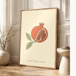 Pomegranate Botanical Wall Art Print | Minimalist Line Art Print | Melagrana Italian Kitchen Poster | Mediterranean Fruit Decor image 1