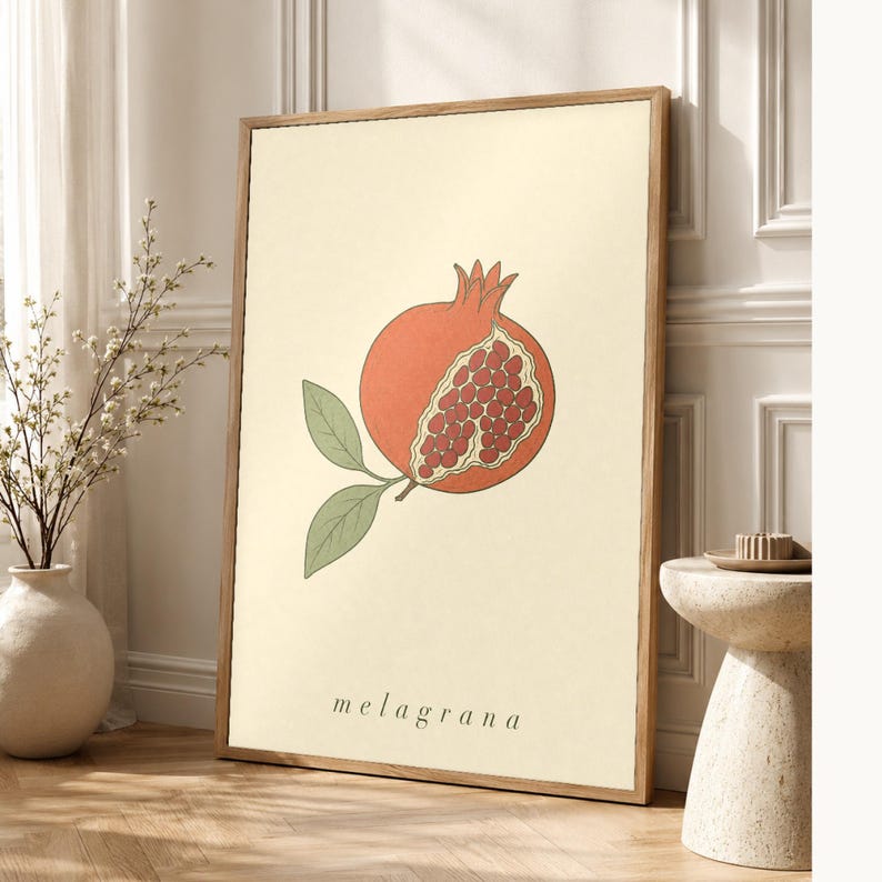 Pomegranate Botanical Wall Art Print | Minimalist Line Art Print | Melagrana Italian Kitchen Poster | Mediterranean Fruit Decor image 1