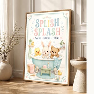 Impresión de arte de pared de baño para niños | Póster al ras del cepillo de lavado Splish Splash | Linda decoración del baño del cuarto de imagen 1