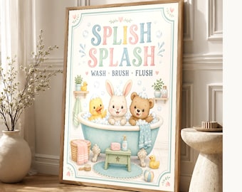 Kids Bathroom Wall Art Print | Splish Splash Wash Brush Flush Poster | Cute Nursery Bathroom Decor