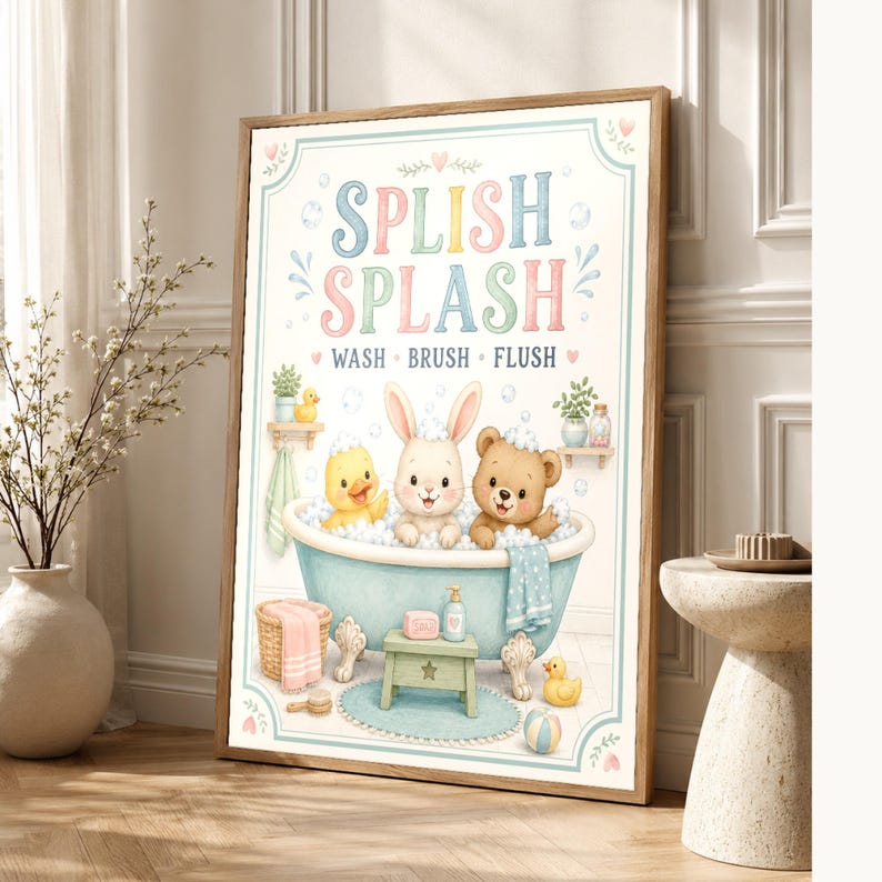 Impresión de arte de pared de baño para niños | Póster al ras del cepillo de lavado Splish Splash | Linda decoración del baño del cuarto de imagen 1