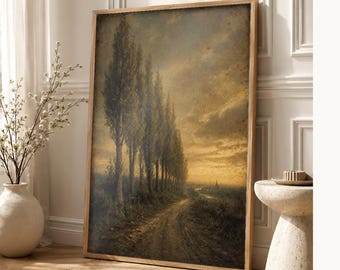 Moody Country Lane Poplar Trees Wall Art Print | Vintage Oil Painting Print | Golden Horizon Tonalist Decor | Ancient Path Poster
