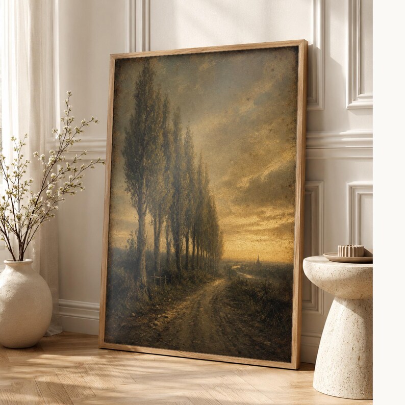 Moody Country Lane Pappelbäume Wandkunstdruck | Vintage Ölgemälde Druck | Golden Horizon Tonalistisches Dekor | Antikes Wegposter Bild 1