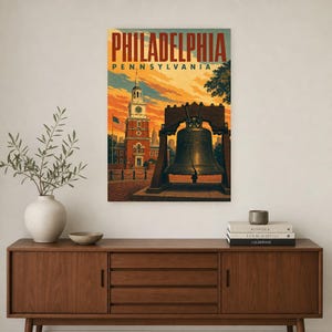 Philadelphia Travel Poster | Vintage Liberty Bell Print | Pennsylvania Wall Art Print | Mid Century City Decor image 2