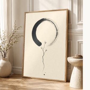 Zen Enso and Branch Japandi Wall Art Print | Mono Line Ink Print | Wabi Sabi Cream Poster Decor image 1