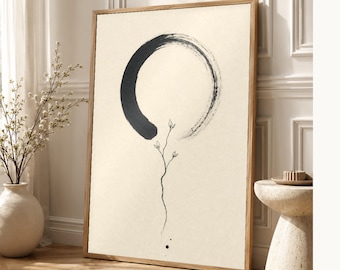 Zen Enso and Branch Japandi Wall Art Print | Mono Line Ink Print | Wabi Sabi Cream Poster Decor