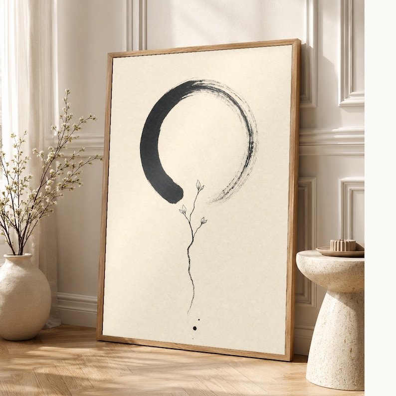 Zen Enso and Branch Japandi Wall Art Print | Mono Line Ink Print | Wabi Sabi Cream Poster Decor image 1