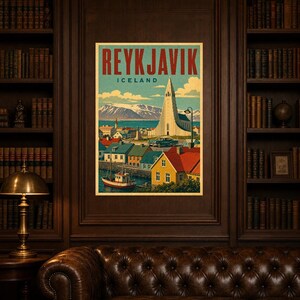 Plakat z podróży do Reykjaviku | Druk w stylu vintage z kościołem | Sztuka ścienna Islandii | Wydruk i wysyłka zdjęcie 5