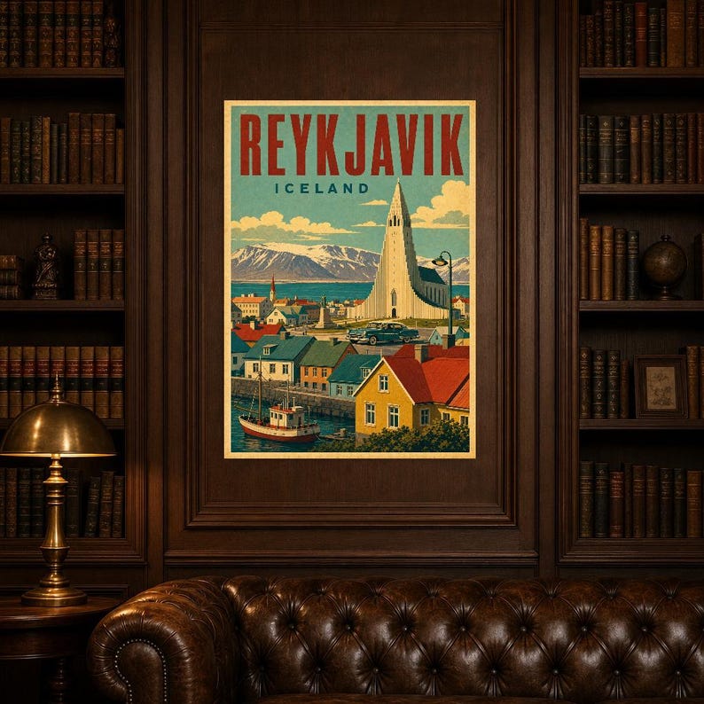 Plakat z podróży do Reykjaviku | Druk w stylu vintage z kościołem | Sztuka ścienna Islandii | Wydruk i wysyłka zdjęcie 5