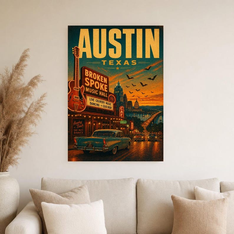 Austin-Reiseposter | Vintage-Druck der Hauptstadt der Livemusik | Texas-Wandbild | Stadtdeko aus der Mitte des 20. Jahrhunderts Bild 3