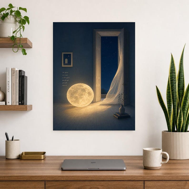 Impresión de arte de pared de luna surrealista ? Póster de dormitorio con paisaje de ensueño | Luna llena en una habitación Surrealismo suav imagen 6