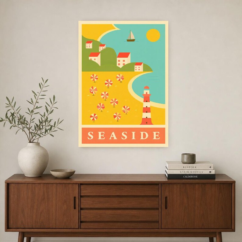 Zestaw grafik ściennych „Saffron Coastal Travel” | Plakat retro z plażą | Wydruk w galerii Seaside zdjęcie 2