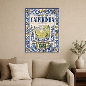 Caipirinha Cocktail Tile Wall Art Print | Brazil National Drink Poster | Azulejo Bar Cart Print | Maiolica Kitchen Decor image 9