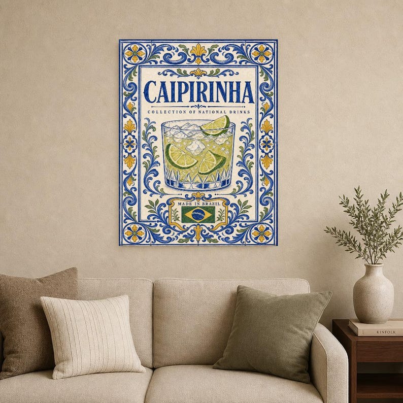 Caipirinha Cocktail Tile Wall Art Print | Brazil National Drink Poster | Azulejo Bar Cart Print | Maiolica Kitchen Decor image 9