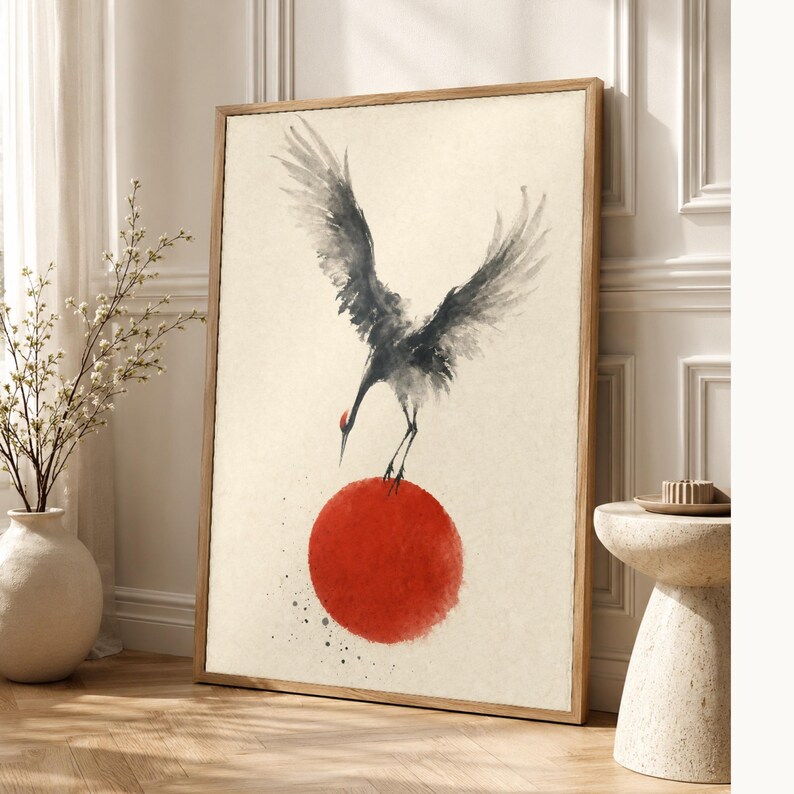 Impresión de grúa de sol rojo Arte de pared japonés | Pájaro de tinta descendente | Decoración del cartel Zen Wabi Sabi imagen 1