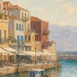 Crete Travel Poster | Soft Painting Greece Wall Art | Chania Old Harbour Coastal Print | Printed & Shipped image 3
