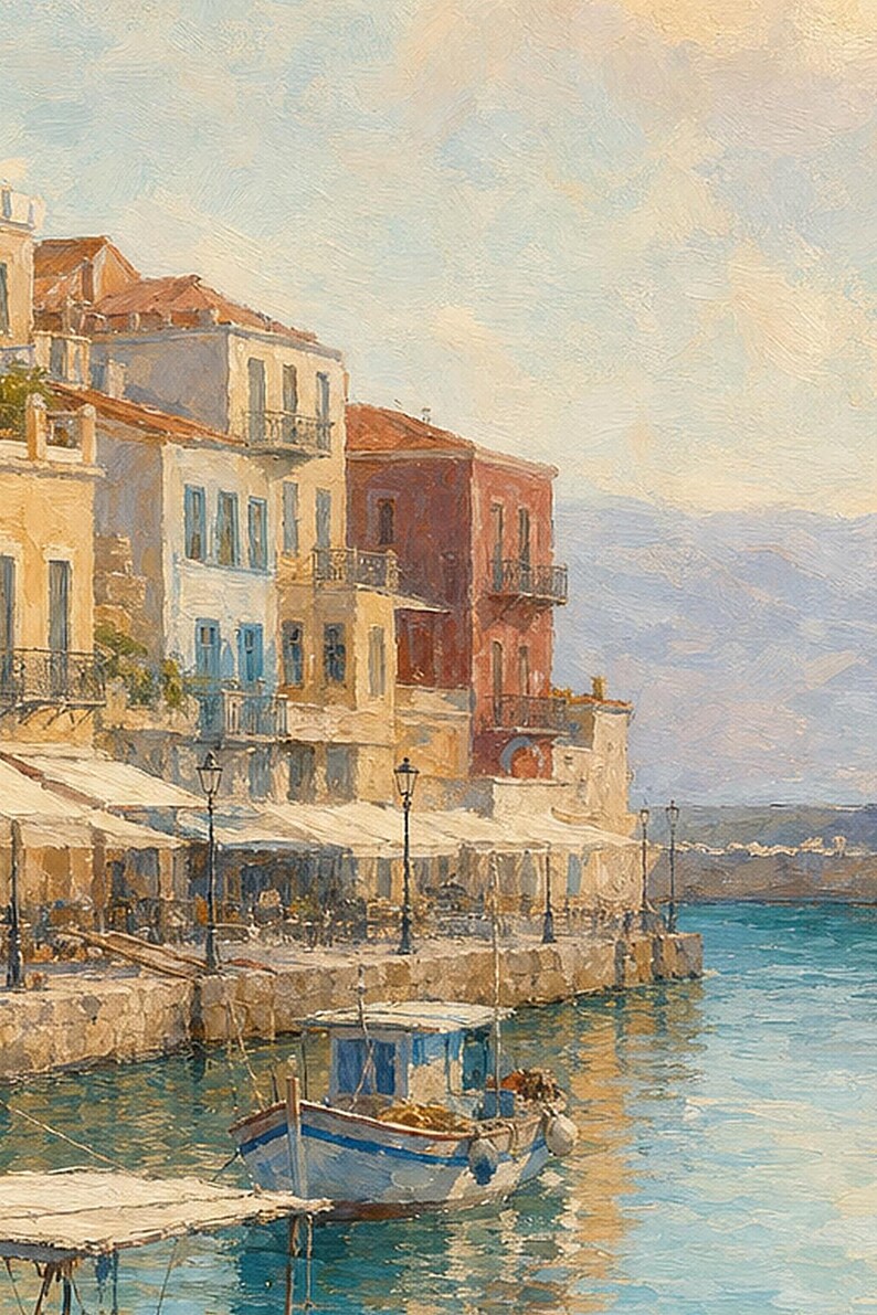 Crete Travel Poster | Soft Painting Greece Wall Art | Chania Old Harbour Coastal Print | Printed & Shipped image 3