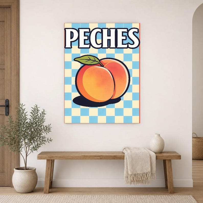 Reprodukcja ściany kuchennej w kolorze brzoskwiniowym | Plakat Owocowy Retro Bistro | Maksymalistyczna kuchnia Cottagecore Print | Wystrój j zdjęcie 14
