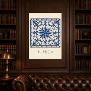 Lisbon Azulejo Tile Wall Art | Cobalt Blue Portuguese Maiolica Poster | Lisbon Travel Print | Mediterranean Kitchen Decor | Portugal Gift image 5