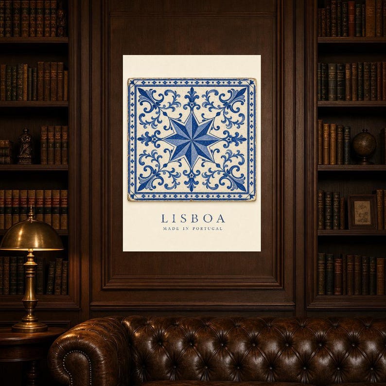 Lisbon Azulejo Tile Wall Art | Cobalt Blue Portuguese Maiolica Poster | Lisbon Travel Print | Mediterranean Kitchen Decor | Portugal Gift image 5