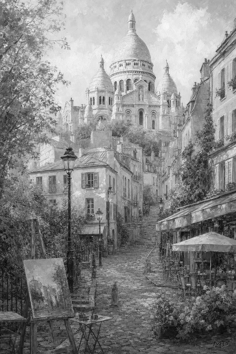 Póster de Montmartre, París | Pintura suave para pared, arte francés | Lámina de la calle adoquinada del Sacré-Cœur | Impreso y enviado imagen 10