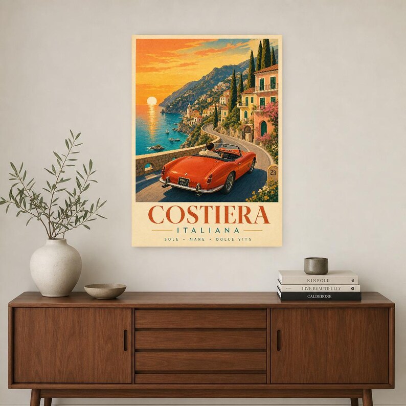 Vintage Car Wall Art Print | Italian Coast Road Trip Poster | Riviera Convertible Print | Dolce Vita Sunset Decor | Mediterranean Travel Art image 2
