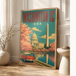Washington DC Travel Poster | Vintage 1950s Capitol Print | Retro USA Wall Art Print | Mid Century City Decor image 1